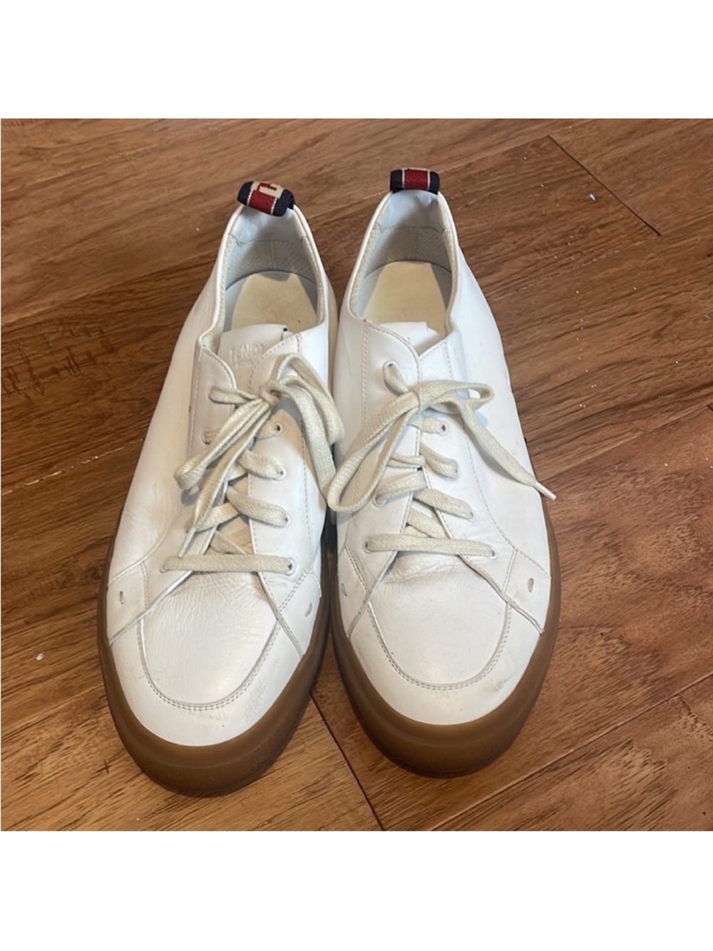 Fendi White Leather Men's Sneakers with Brown Gum Sole and Red-Blue Heel Tab